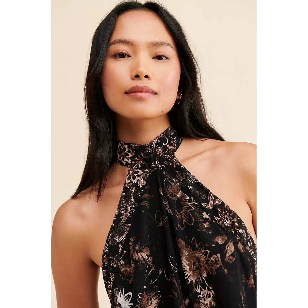 Free People Katerina Mini Dress Large Black Floral Halter Neck Boho Party Chic
